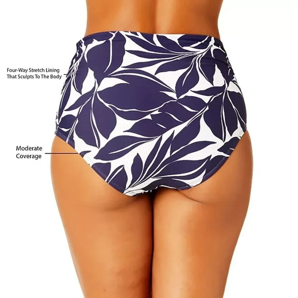 Anne Cole Womens Convertible High Waist Swim Bottom XXL Navy Leaf Print